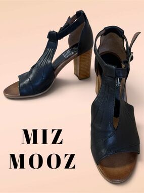 MIZ MOOZ Black Leather T-Strap Block Heel Sandals size 8.5